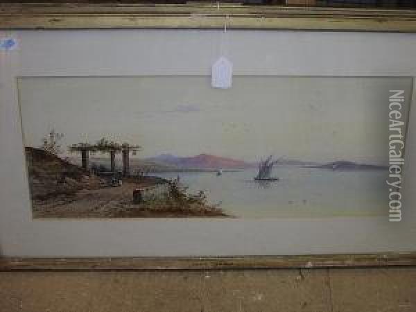 Lake Scene With Boats And Figures On A Track, Signed And Dated '75, Watercolour Oil Painting - Edwin Earp