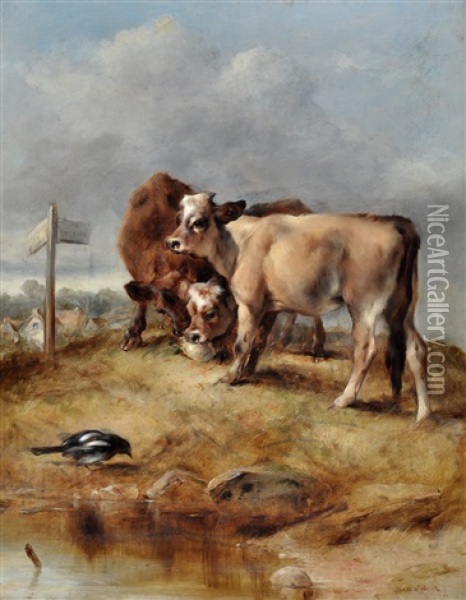Three Calves By A Signpost On The Road To Dorking Oil Painting - George William Horlor
