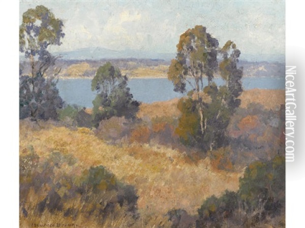 Trees And Autumn Grasses With A Lake Beyond Oil Painting - Maurice Braun