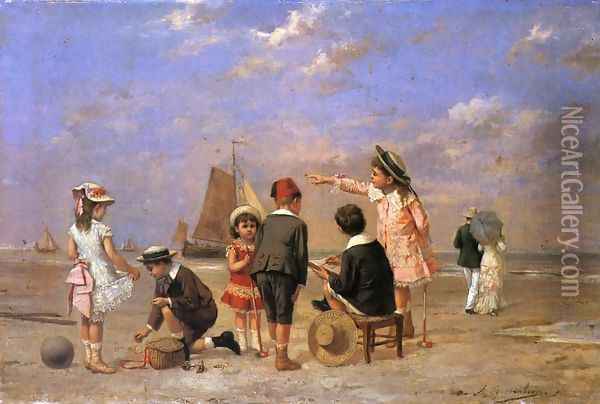 Children on the Beach Oil Painting - Albert Roosenboom