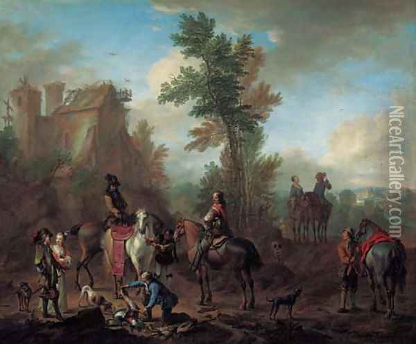 A hunting party halting after the chase Oil Painting - Carel van Falens or Valens