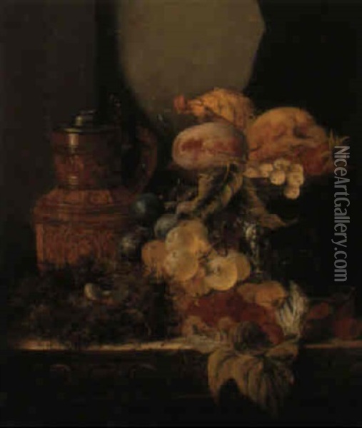 Still Life With Fruit, A Bird's Nest And A Jug Oil Painting - Edward Ladell