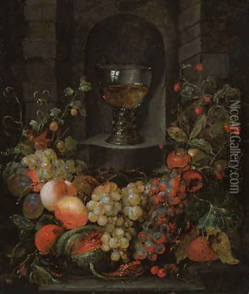 A roemer in a niche surrounded by a garland of grapes, apples, strawberries and other fruit Oil Painting - Jan Pauwel The Elder Gillemans