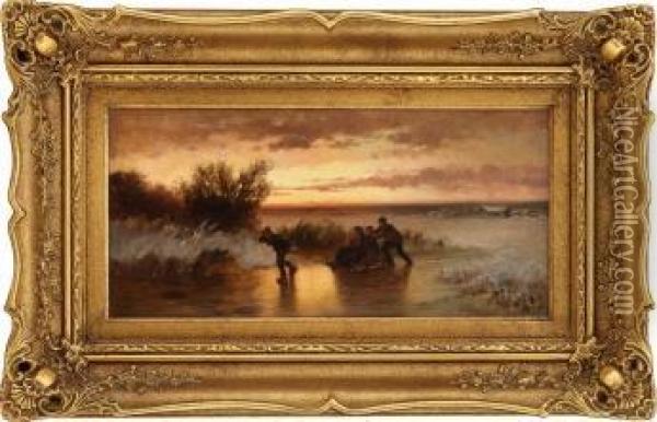 Vinterlandskap Med Folkeliv 1875 Oil Painting - Jahn Ekenaes