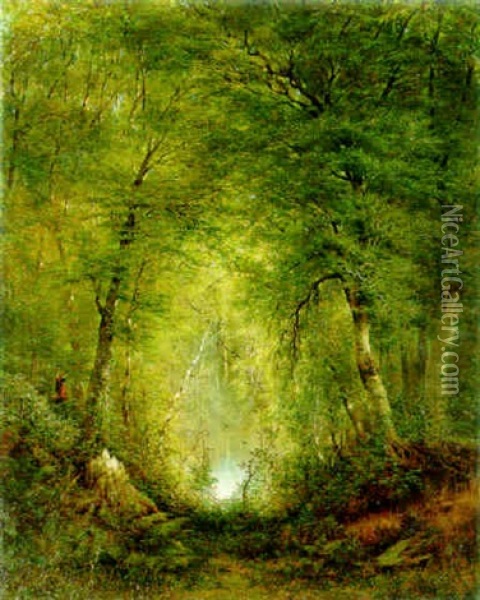 Hunter In A Forest Interior Oil Painting - Alexander Ferdinand Wust