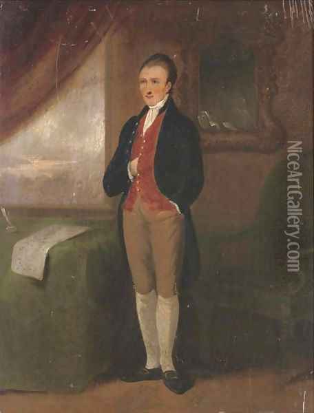 Portrait of gentleman, full-length, in breeches with a blue coat beside a green chair Oil Painting - English School