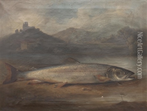 Specimen Salmon On A Riverbank Within A Landscape Oil Painting - Benno Raffael Adam