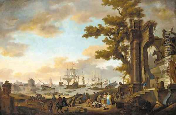A Mediterranean coastal inlet with merchants by classical ruins Oil Painting - Anthonie Goubau