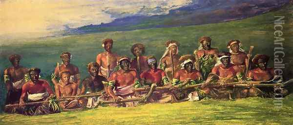 Chiefs In War Dress Seated After A Dance Islands Of Fiji Aka Chiefs And Performers In War Dance Fiji Oil Painting - John La Farge
