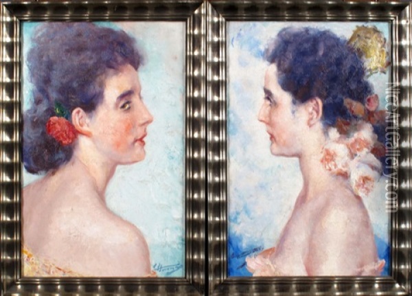 Portrait De Femme De Profil (2 Works) Oil Painting - Charles Hermans