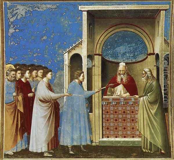 No. 9 Scenes from the Life of the Virgin- 3. The Bringing of the Rods to the Temple 1304 Oil Painting - Giotto Di Bondone