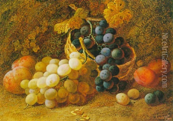 Still Life With A Basket Of Grapes, Apples And Plums (still Life With Grapes, Plums And Peaches; Pair) Oil Painting - Vincent Clare