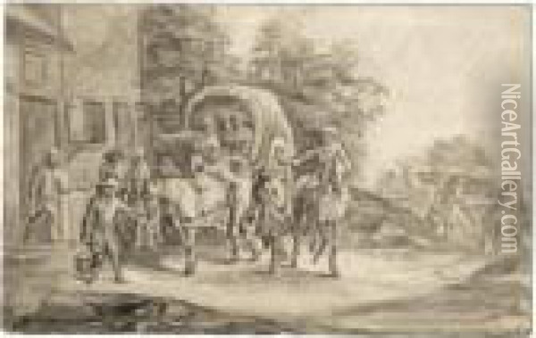 Recto
: A Horse And Cart And Other Travellers, Stopping To Rest By An Inn;
Verso
: Study Of A Family With A Small Child Learning To Walk Oil Painting - Peeter Bout