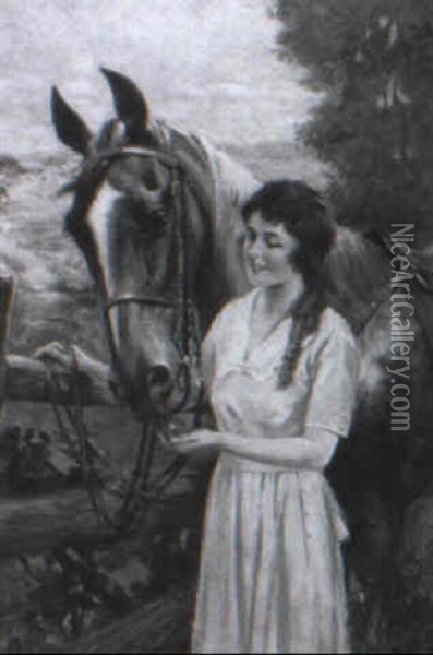 Girl Feeding Horse Oil Painting - Charles M. Relyea