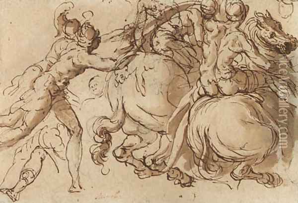 Soldiers on horseback pursued by foot-soldiers Oil Painting - Jacopo Bertoia