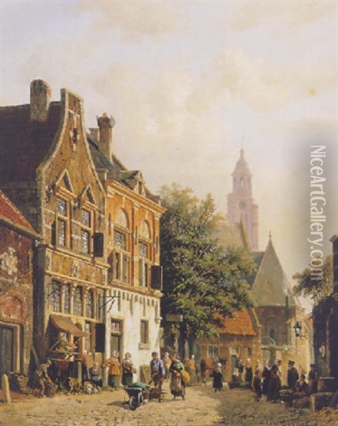 Figures On A Dutch Townsquare Oil Painting - Adrianus Eversen