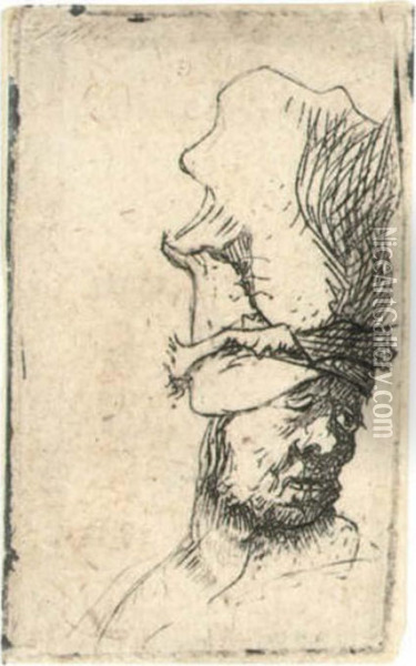 Head Of A Man In A High Cap Oil Painting - Rembrandt Van Rijn