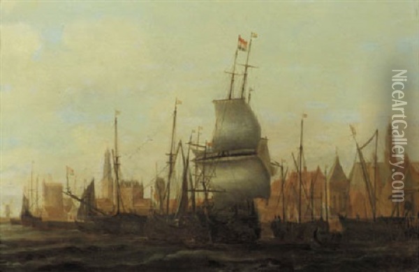 Threemasters And Other Vessels Moored At A Quay Oil Painting - Jacob Adriaenz. Bellevois