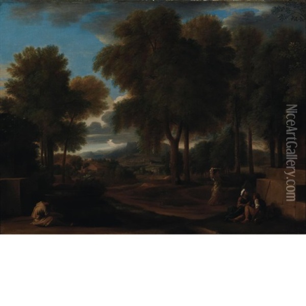 Italianate Landscape With A Monk And Peasants By A Fountain Oil Painting - Sebastien Bourdon