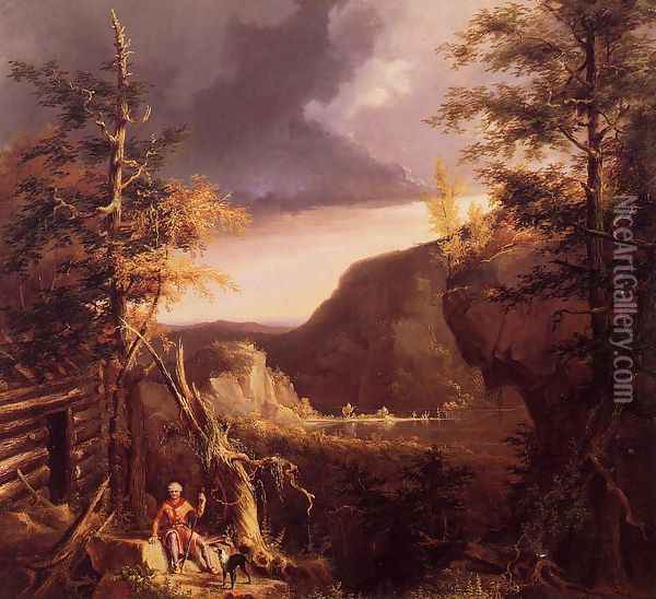 Daniel Boone Sitting at the Door of His Cabin on the Great Osage Lake, Kentucky Oil Painting - Thomas Cole