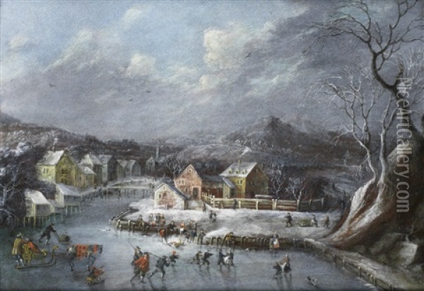 Skaters On A Frozen Lake, Before A Winter Landscape Oil Painting - Dirk Dalens III