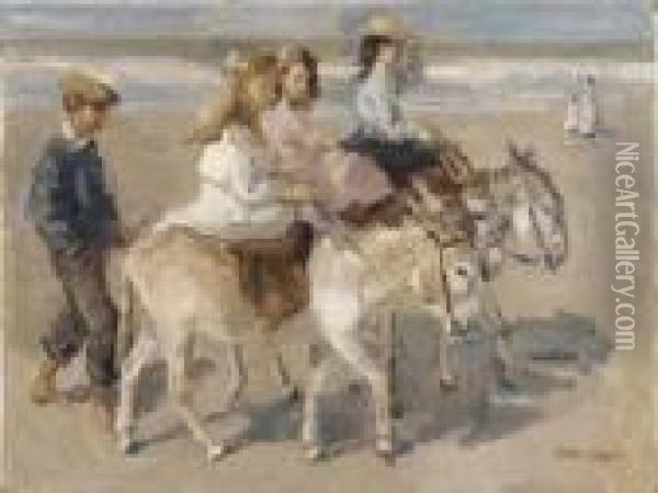 Ezeltje Rijden: A Donkey-ride On The Beach Oil Painting - Isaac Israels