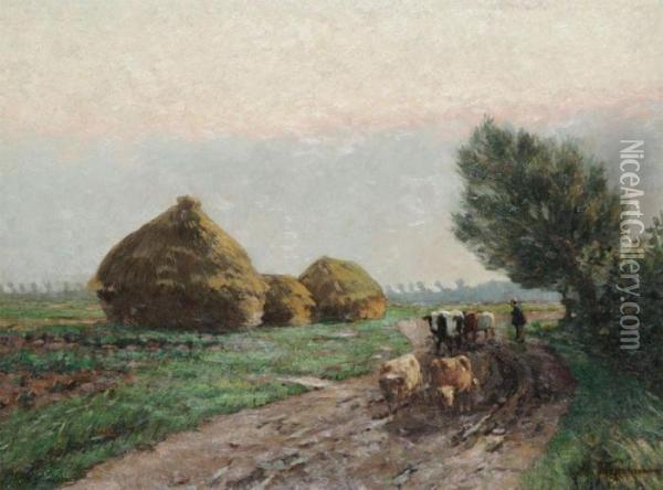 Landscape With Cows And Haystacks Oil Painting - Frans Van Damme