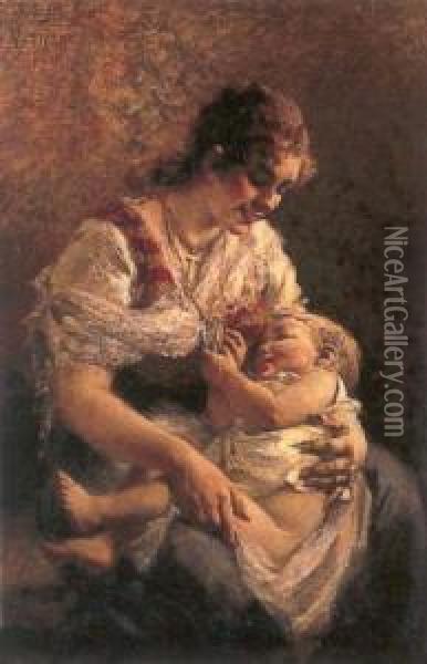 Mother And Child Oil Painting - Egisto Lancerotto