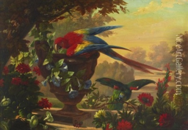 Papegojor I Parklandskap Oil Painting - Francois Frederic Grobon