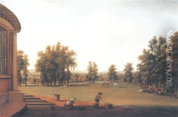 Landscape With Figures By A Palladian House In A Park Oil Painting - William Tomkins