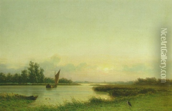 A Summer Landscape With A Sailing Boat On A Meandering River Oil Painting - Johannes Joseph Destree