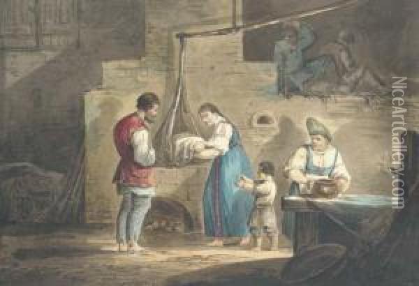 Nursing The Newborn; And Three Peasants And A Sleigh Oil Painting - Carl Ivanovitch Kollmann