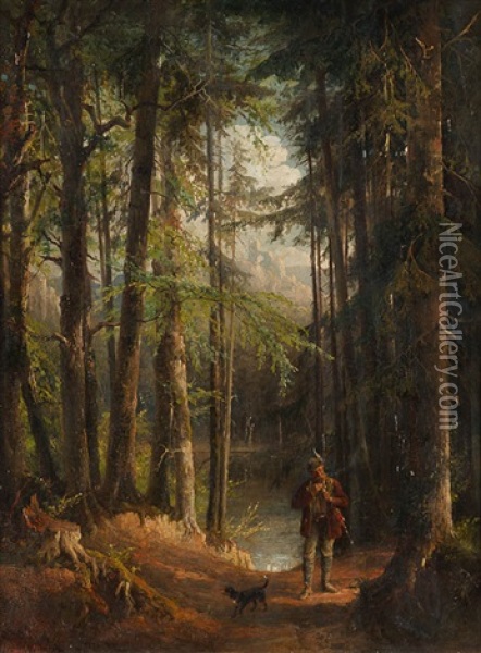 Pfeife Rauchender Jager Mit Dachshund Am Waldsee Oil Painting - Eduard Heinel