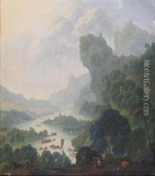 Extensive Wooded River Landscapes, Probably On The Rhine With Numerous Boats And Travellers In The Foreground Oil Painting - Wilhelm Van Swaanenberg