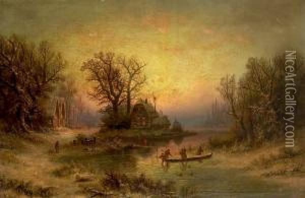 Winther Landscape With Persons 
On A Frozen Lake. Signed Monogram. Indistinctly Dated 1877? Oil Painting - Albert Bredow
