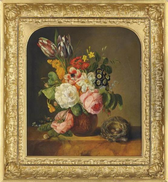 Still Life With Roses And Tulips Oil Painting - Johan Laurentz Jensen