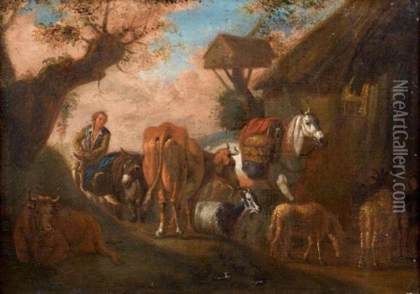 Troupeau A L'entree D'un Village Oil Painting - Pieter van Bloemen