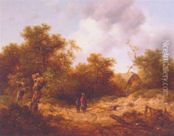 Countryfolk On A Wooded Lane, A Cottage Beyond Oil Painting - Richard H. Hilder