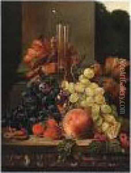 Still Life With Grapes, Raspberries, Strawberries, A Peach And A Glass Oil Painting - Henry George Todd