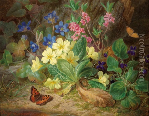 Alpine Flowers With Violets And Butterfly Oil Painting - Josef Lauer