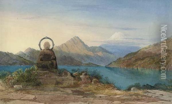 A Buddhist Monument By A Lake, With Mount Fuji Beyond Oil Painting - Walter, Major-Generl Fane