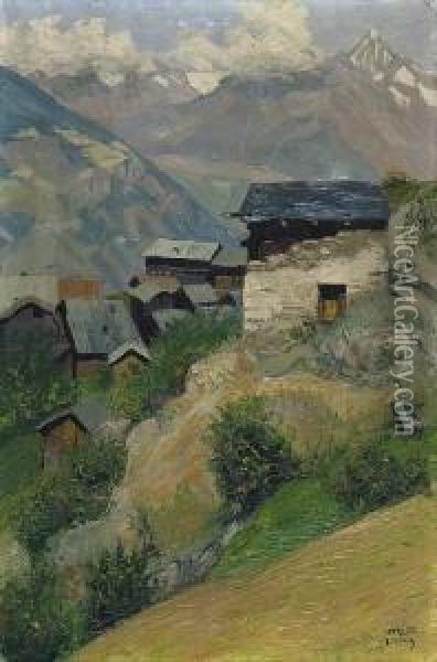 Dorf Im Gebirge. Oil Painting - Ludwig Werlen