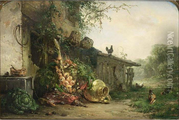 Vegetables And Chicken In A Landscape Oil Painting - Maria Vos