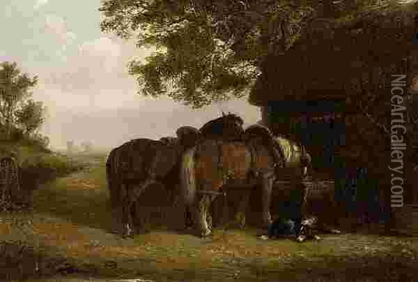 Carthorses Drinking At A Trough Oil Painting - Thomas Smythe