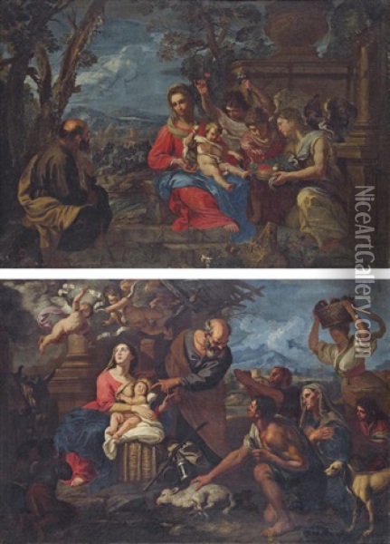 The Nativity (+ The Adoration Of The Shepherds; Pair) Oil Painting - Giovanni Battista Merano