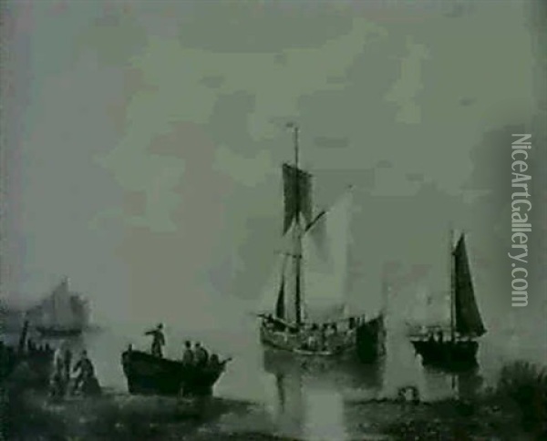 Fisherfolk On The Shore Oil Painting - Pieter Cornelis Dommershuijzen
