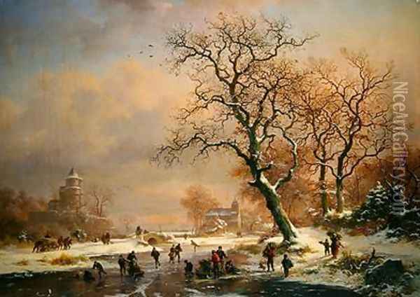 Frozen winter landscape with skaters Oil Painting - Frederick Marianus Kruseman