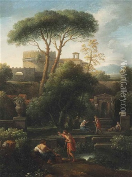 An Italianate Landscape With Washerwomen And Other Figures Conversing By A Stream, Classical Buildings Including The Tomb Of Cecilia Metella Beyond Oil Painting - Jan Frans van Bloemen