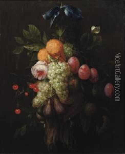 Oranges, Prunes, Cherries, Figs,
 Grapes, And A Rose Hanging From A Blue Ribbon Tied To A Nail, With A 
Butterfly And Other Insects Nearby Oil Painting - Joris Van Son