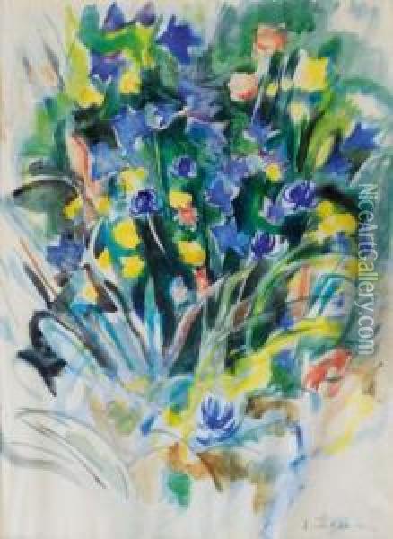 Blumenstraus In Blau Und Gelb Oil Painting - Heinrich Stegemann